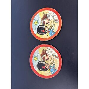 Vintage Animated Ohio Art Tin Tea Cup Plates- Set of 2, 4 in Diameter